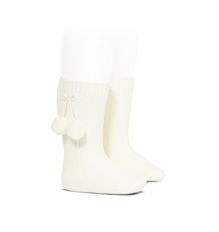 Cream Pom Pom Knee High Socks - Classical Child
 - 1
