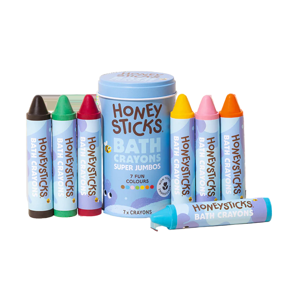 Honeysticks bath crayons set with a tin on a white background