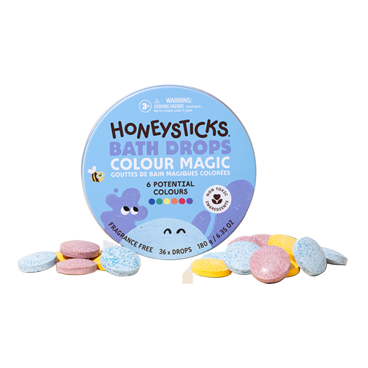 Honeysticks Bath Drops Colour Magic packaging with colorful bath bombs on a white background