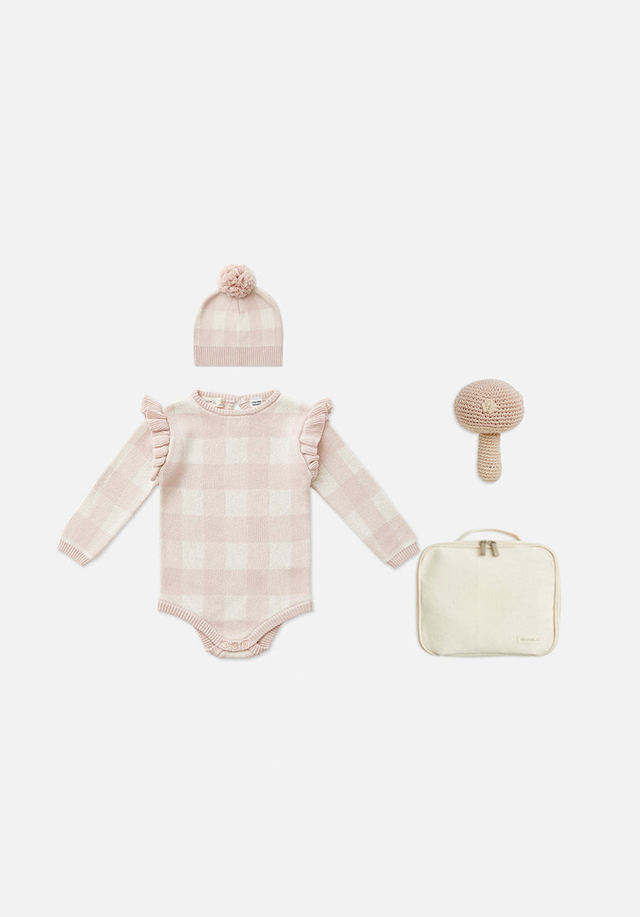 Miann & Co Frill Long Sleeve Knit Bodysuit - Ballet Pink Gingham