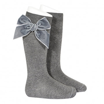 Grey Large Velvet Bow Socks